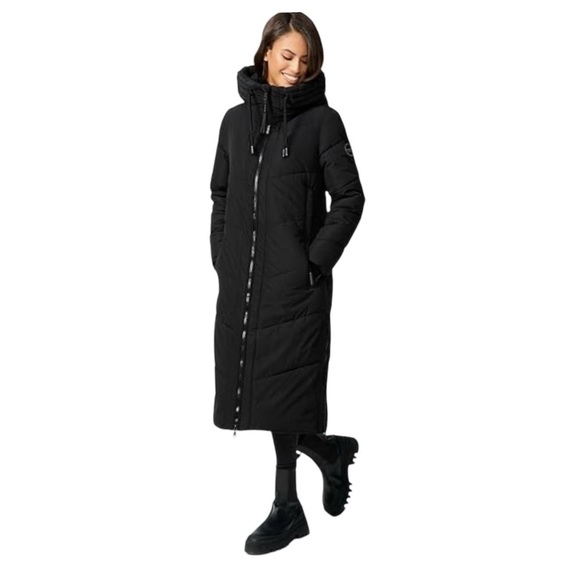 MARIKOO LONG PUFFER COAT S HOOD WARM ALL WEATHER CHIC BELOW KNEE FAUX FUR COMFY - Picture 1 of 12